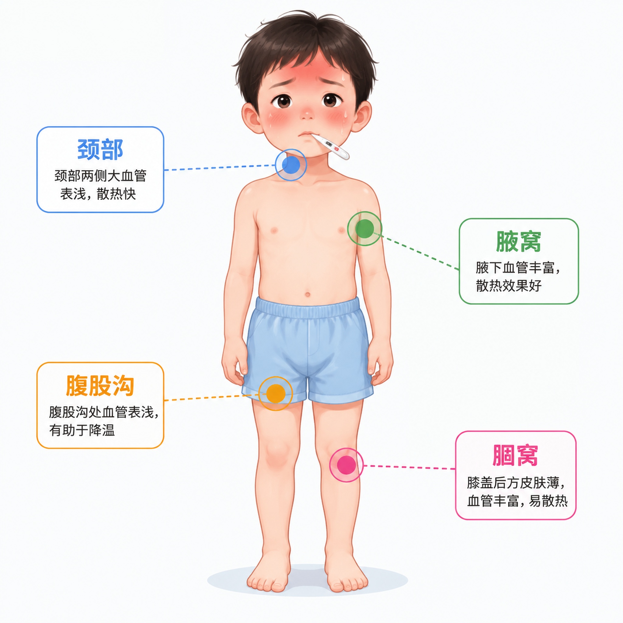 医学科普插画风格，一个身穿短裤的发热患儿正面站立，脸上泛红显示… - 图片创意预览