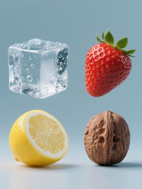 高写实主义风格的系列素材集合，画面采用纯色背景，保持每个元素的独立规整排布，共包含四个完全不同的元素内容：第一个元素为晶莹剔透的冰块，表面布满细密气泡和水珠，棱角分明且折射出冷冽光泽；第二个元素是饱满多汁的草莓，鲜红果皮上点缀着金黄色的草莓籽，顶部绿叶新鲜翠绿；第三个元素是光滑圆润的柠檬，亮黄色表皮带有自然纹理和凹陷，切开的截面露出白色的海绵层和晶莹的果肉；第四个元素是一颗完整的核桃，深棕色外……预览效果