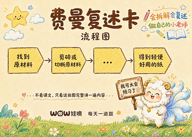 费曼复述卡流程图模板，A4横版，卡通手绘蜡笔风格，暖色调米黄色纸张质感背景。顶部居中大字标题"费曼复述卡"，深棕色圆润可爱字体，标题下方居中写"流程图"三个字，稍小一点的深棕色字体。中间区域是四个黄色箭头形框从左到右排列，手绘蜡笔风格，分别写找到原材料、剪碎或切断原材料、省略号、得到轻便好用的纸，箭头之间有小箭头连接。右下角放Q版卡通开心九尾羊，白色蓬松卷毛、金色小螺旋角、蓝白渐变九尾像云朵、金边描边、笑眯眯开心表情，举着木牌写"我可太会预习了"带小花装饰，神兽站在草地上不遮挡中间内容。右上角有"会拆解会复述 做自己的小老师"艺术字标语，配铅笔书本星星云朵小装饰。中间内容下方居中棕色小字："不看课文，只看这张图完整讲一遍内容"。底部居中品牌标识："wow娃噢 每天一道题"。底部有草地小花装饰，左上角有笑脸星星云朵装饰。整体温馨可爱充满童趣。