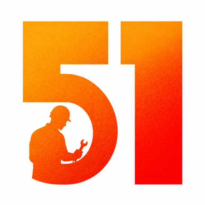 参考原图风格，保留51数字和劳动者剪影的设计，橙红渐变磨砂质感，白色背景，移除图片上所有水印预览效果