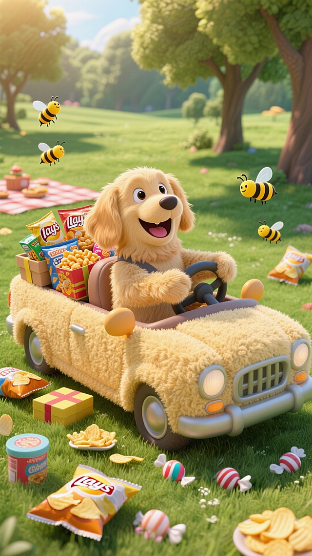 软3D风格的可爱小狗驾驶毛绒小车，拟人化设计充满卡通感与梦幻感，草地野餐场景洋溢温馨趣味，蜜蜂飞舞增添童趣氛围。