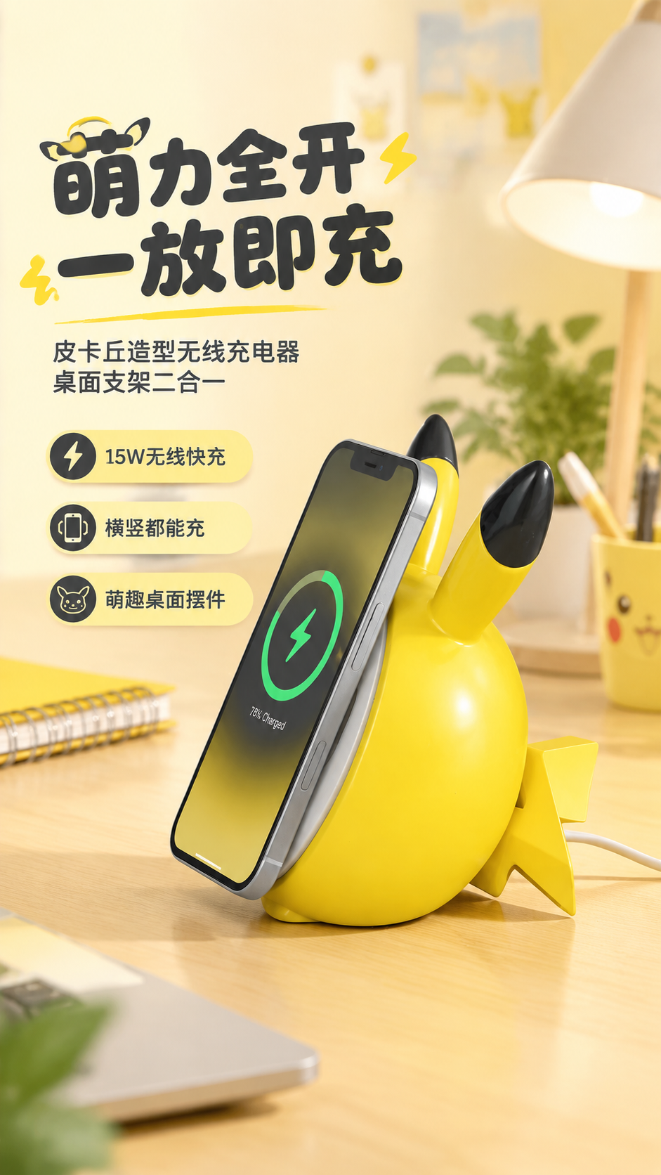 [商品] 使用【图1】皮卡丘造型无线充电器；保留黄色球形主体、… - 图片创意预览