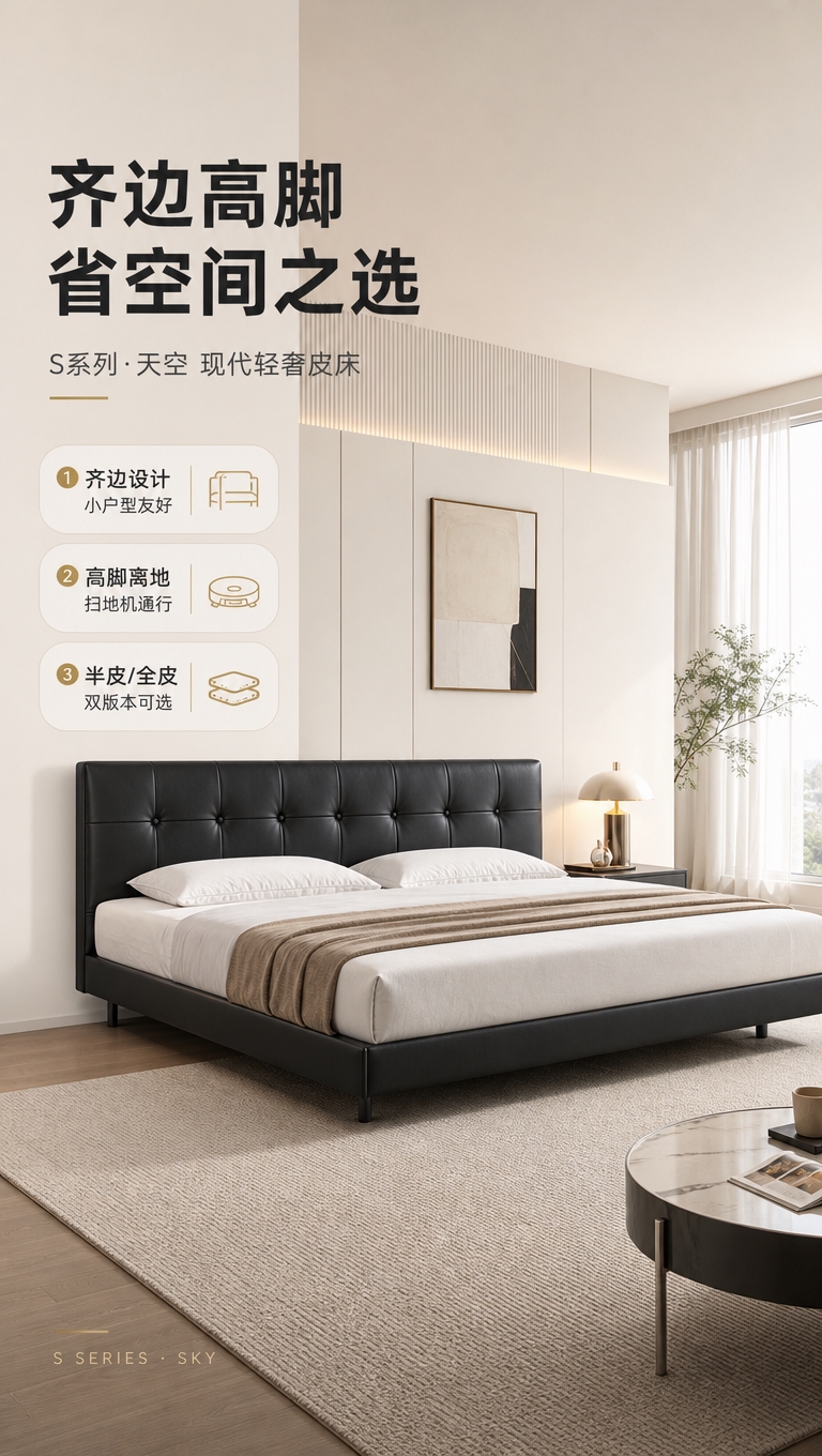 [商品] 使用【图1】黑色高脚齐边皮床；保留床头拉点软包设计、… - 图片创意预览