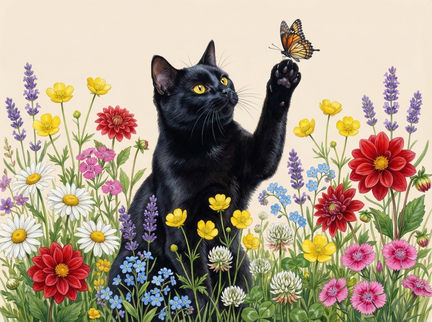 画面中间是一只纯黑色短毛猫，毛发油亮有光泽，明亮黄色眼睛，坐在花丛中举起一只爪子抓蝴蝶，身体下半部分被茂密野花遮挡，只探出头和上半身。周围是繁茂野花花海，有各色雏菊、红色大丽花、黄色毛茛、紫色薰衣草、预览效果