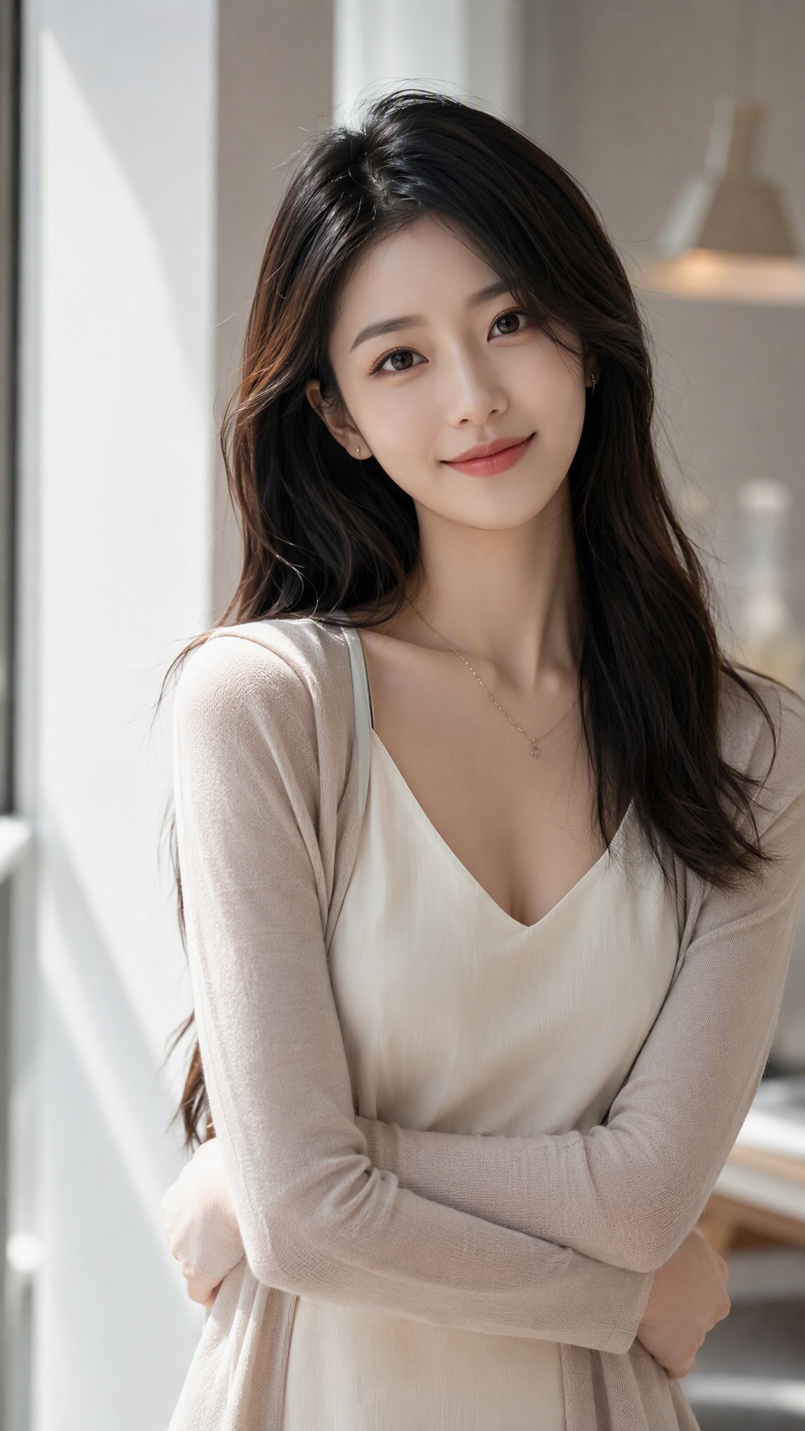 一位气质优雅的年轻美女，精致的五官，自然的妆容，柔顺的长发，穿… - 图片创意预览