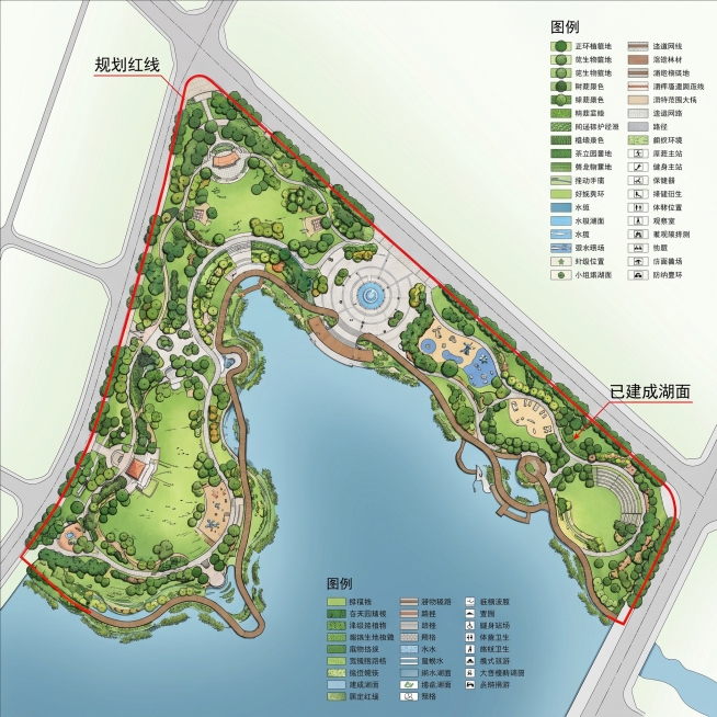 根据图片中的红色轮廓区域，该区域下方为已建成湖面，设计绘制一张滨河公园的总平面设计图，专业彩色平面规划图，包含滨水步道、绿化植被、活动场地等公园元素，红线保留规划范围标识预览效果