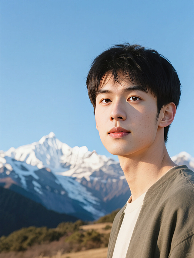 背景日照金山，户外阳光下，人物穿休闲服，看镜头