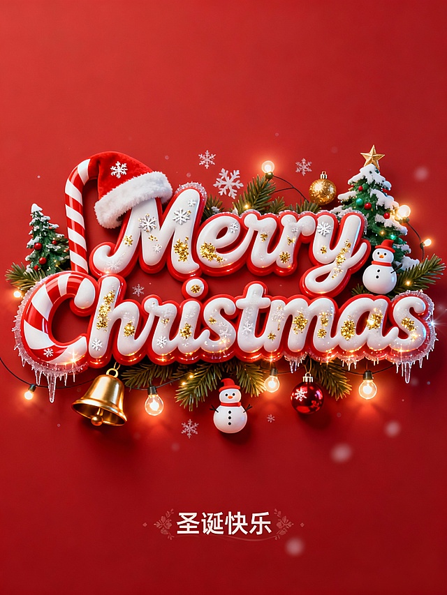 圣诞红背景，中间是圣诞主题的艺术字体“Merry Christmas ”，字体风格充满节日氛围，带有拐杖糖条纹、雪花纹理、金色闪光粒子，字形圆润可爱、略带手写感。字体边缘带有轻微冰霜效果和微光。融入圣诞元素，如圣诞帽、铃铛、松树、装饰灯泡、小雪人。整体氛围温暖、童话感、色彩偏向红、白、金与绿色。字体高细节、立体、柔和灯光反射，高级质感。小字装饰“圣诞快乐”