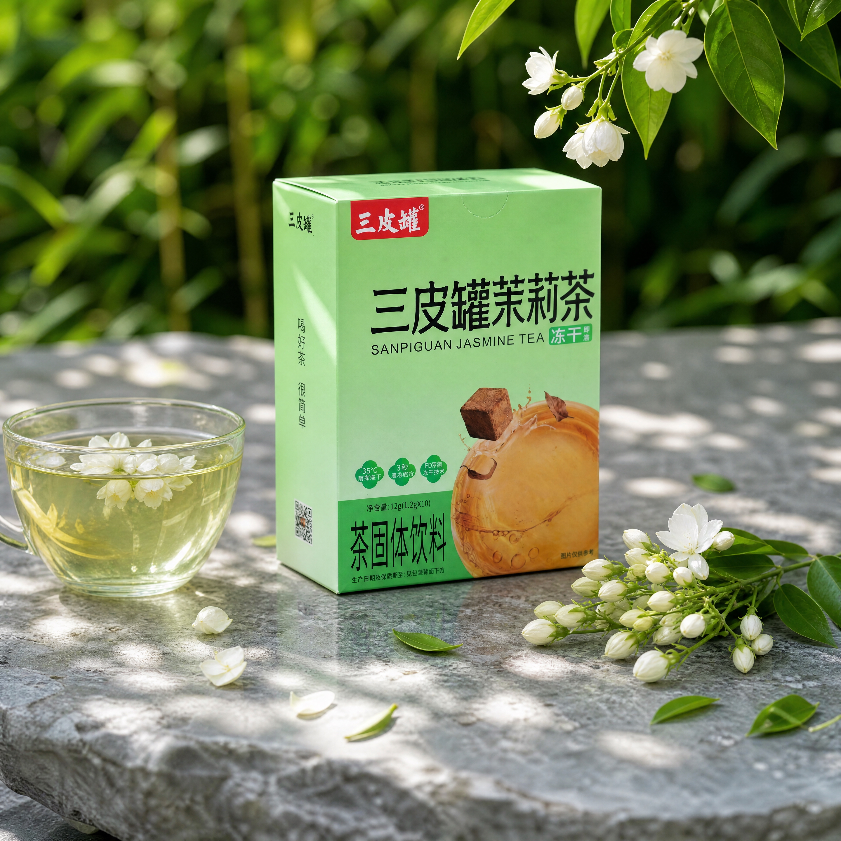 超写实商业产品摄影。 主体：三皮罐茉莉茶绿色包装盒严格参照上传… - 图片创意预览