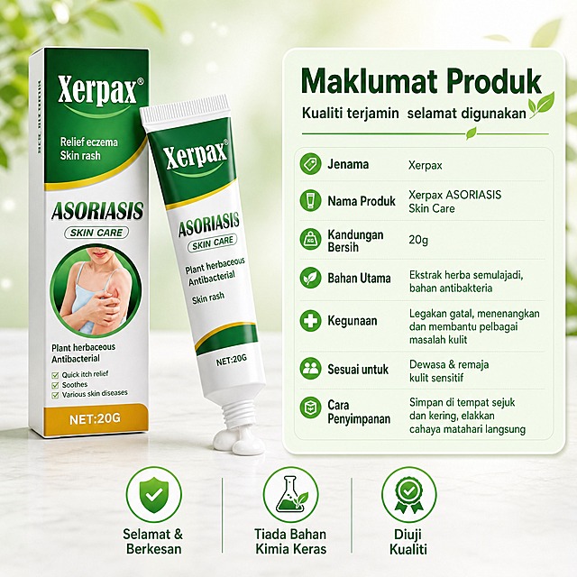 [商品] 使用【图1】Xerpax草本皮肤护理膏产品图；保留产品包装盒和软管的绿白配色、Xerpax品牌Logo、ASORIASIS SKIN CARE字样、20g净含量标识、草本抗菌等包装文字；产品外观、结构、颜色、比例保持一致。
[画面] 页面目标：产品规格与信任背书，收尾页展示完整产品信息和安全承诺，消除购买顾虑。采用左物右表型版式。画面左侧约45%区域为产品展示区：产品包装盒正面直立摆放，旁边斜靠软管，管口挤出少量膏体，下方有柔和台面投影，产品完整清晰；画面右侧约55%区域为参数信息表：顶部主标题+副标题，下方竖排参数列表，每行参数名+参数值，包括"Jenama"、"Nama Produk"、"Kandungan Bersih"、"Bahan Utama"、"Kegunaan"、"Sesuai untuk"、"Cara Penyimpanan"等；参数表为浅绿底圆角卡片，文字深绿色，清晰易读；画面底部横向排列3个信任徽章图标，分别是"Selamat & Berkesan"、"Tiada Bahan Kimia Keras"、"Diuji Kualiti"；背景为浅绿到白色渐变，底部有轻微台面质感。
[视觉] 套系策略：风格=东南亚清新草本商业摄影风；标题字=现代无衬线粗体；正文字=简洁无衬线体；主色=草本绿(#2E7D32)；背景延展=基于草本绿做浅绿到淡白的渐变背景，带细腻光斑和虚化植物纹理，同色系深浅层级；强调色=清新叶绿，仅用于小面积图标、引线和标签点缀；标题色=深草本绿；正文色=中绿色/深灰色；组件=圆角信息卡、圆形icon、细线引线；光影=柔和均匀棚拍光，产品细节清晰，参数卡片有轻微阴影立体感。
[文字] 主标题"Maklumat Produk"，副标题"Kualiti terjamin  selamat digunakan"；参数列表左对齐，参数名加粗，参数值常规字重；底部3个信任徽章图标配短文字；所有文字为马来语，横排，信息清晰有条理。
[规格] 图片比例1:1方图，2K分辨率，避免变形、错字、文字过小、虚假认证、医疗化承诺、冷蓝/蓝灰背景、产品包装文字错乱。