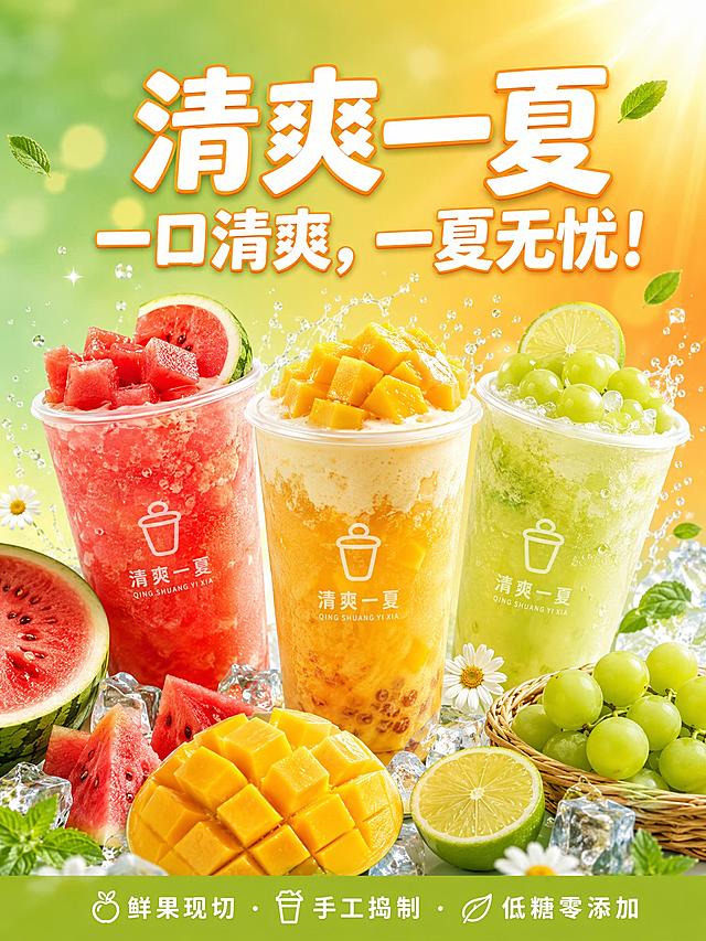 三款鲜果饮品搭配西瓜、芒果、葡萄，冰块飞溅，色彩鲜艳，突出鲜果现切、手工捣制、低糖零添加特点，适合夏季饮品推广
