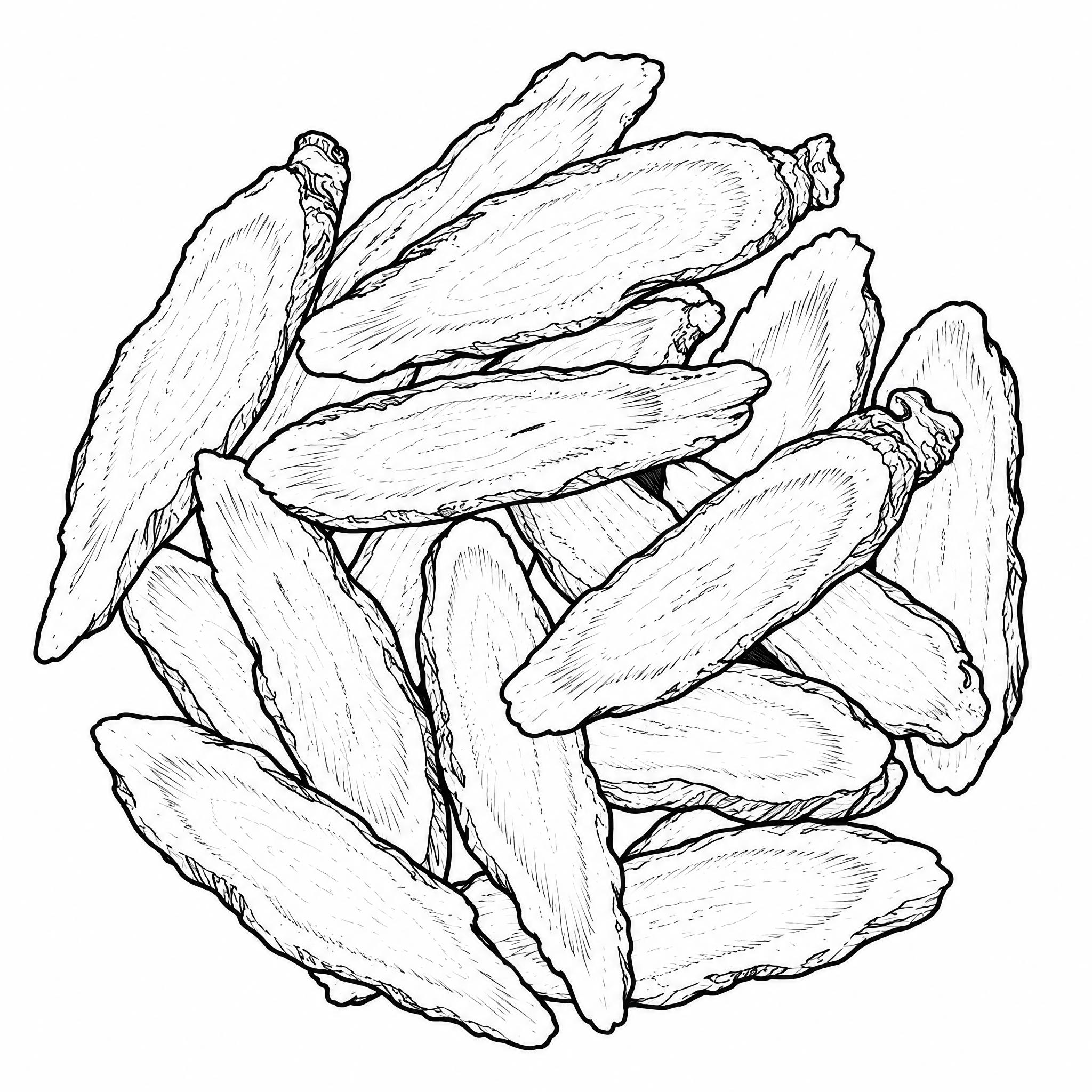 参考图中黄芪切片的形状和堆叠方式，去掉竹编容器，将画面转化为黑… - 图片创意预览