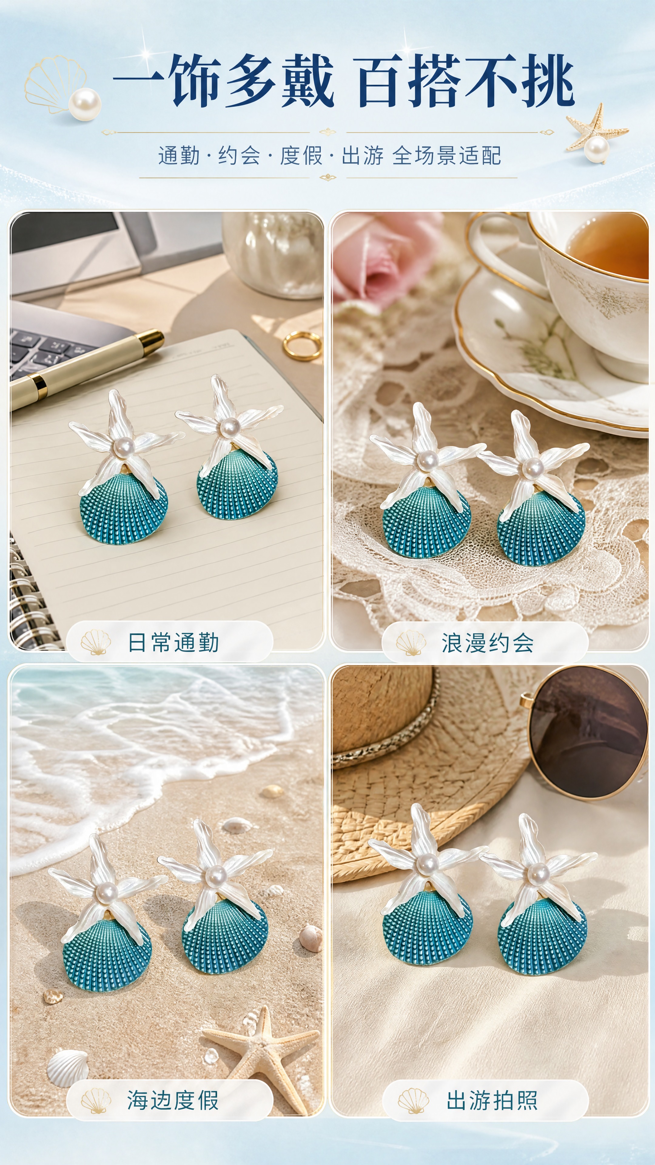 [商品] 使用【图2】海韵珍珠贝壳耳环；保留白色花瓣海星造型、… - 图片创意预览