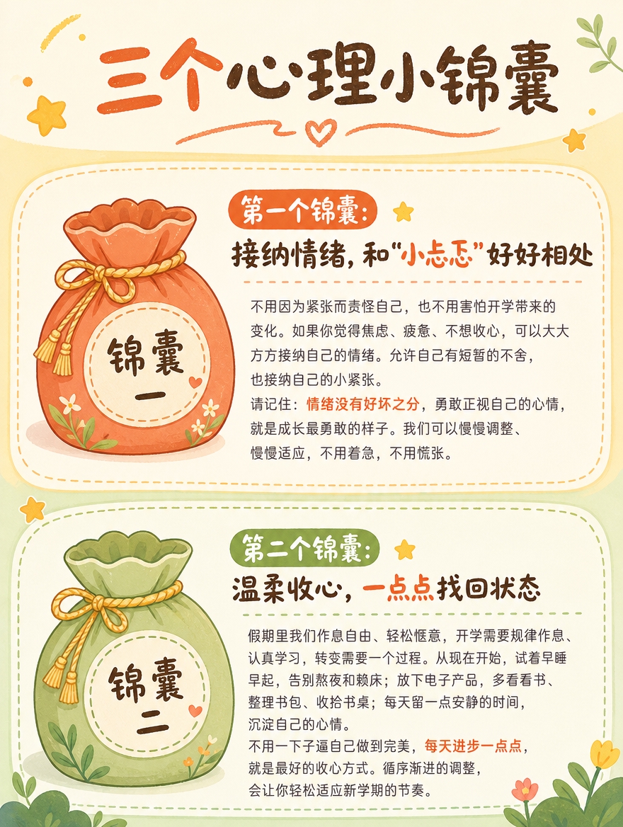 [画面] 目标：展示前两个心理锦囊，清晰易读。构图：上下分两栏… - 图片创意预览