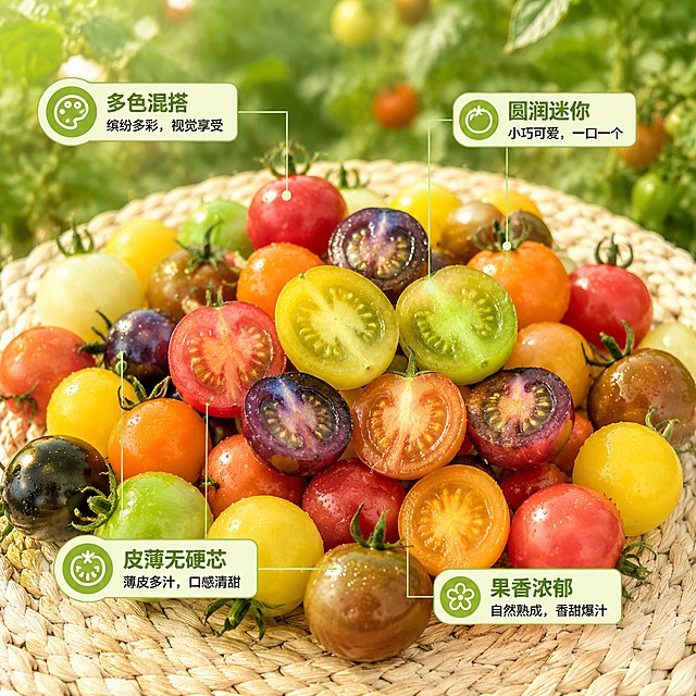 [主图-2] 多彩小番茄核心亮点展示。保持多彩小番茄外观颜色形状与输入图片一致，杜绝变形和色差。以切开的爆汁剖面小番茄为中心，使用极细浅绿色引线标注各部位特点，分别标注对应卖点：多色混搭、圆润迷你、皮薄无硬芯、果香浓郁。主体小番茄放在前景，背景模糊化的绿色采摘园增强产地信任。商品占比约65%，画面满铺无边框。光影为自然逆光，突出果肉水润通透的质感，果汁纹理清晰可见。配色以果绿色背景调为主，小番茄本身多彩果实为视觉焦点。视角为俯视平拍，引导视线自然浏览标注信息。比例1:1，4k分辨率，文字清晰可辨，超高清画质。负向提示词：变形，文字错乱，产品模糊，背景杂乱，水印，电商平台Logo。