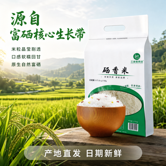 [主图-2] 硒香米核心卖点产地溯源主图，突出富硒产地优势。氛围风格为原生态田园风，自然真实，信任背书感。商业摄影质感，光线柔和通透，产品清晰真实，画面干净高级。三麦粮药坊硒香米包装袋放置在画面右侧，预览效果