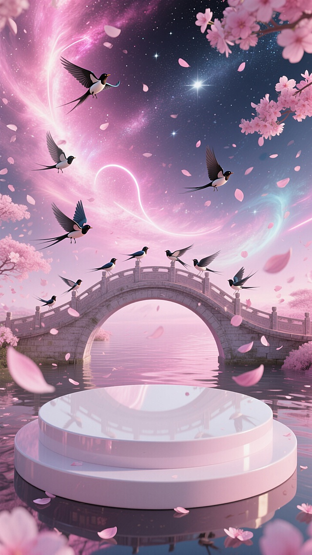 3D半写实｜七夕氛围电商背景 梦幻插画风，樱花纷飞，古桥映水，鸟儿翩跹，超现实浪漫场景。