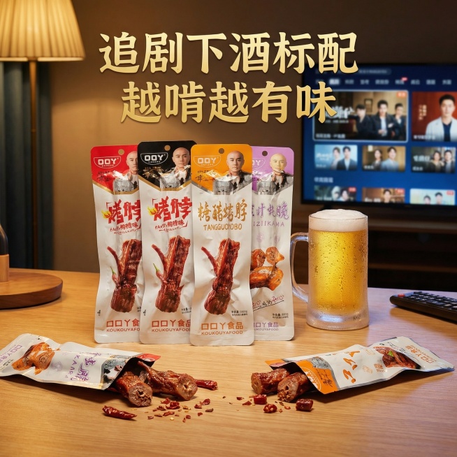 将背景替换为深夜暖光桌面，搭配一罐冰啤酒，展示鸭脖作为追剧下酒零食的场景，添加文案"追剧下酒标配 越啃越有味"，营造有食欲的氛围预览效果
