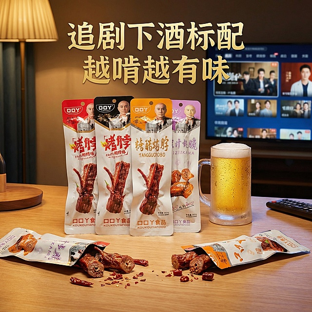 将背景替换为深夜暖光桌面，搭配一罐冰啤酒，展示鸭脖作为追剧下酒零食的场景，添加文案"追剧下酒标配 越啃越有味"，营造有食欲的氛围