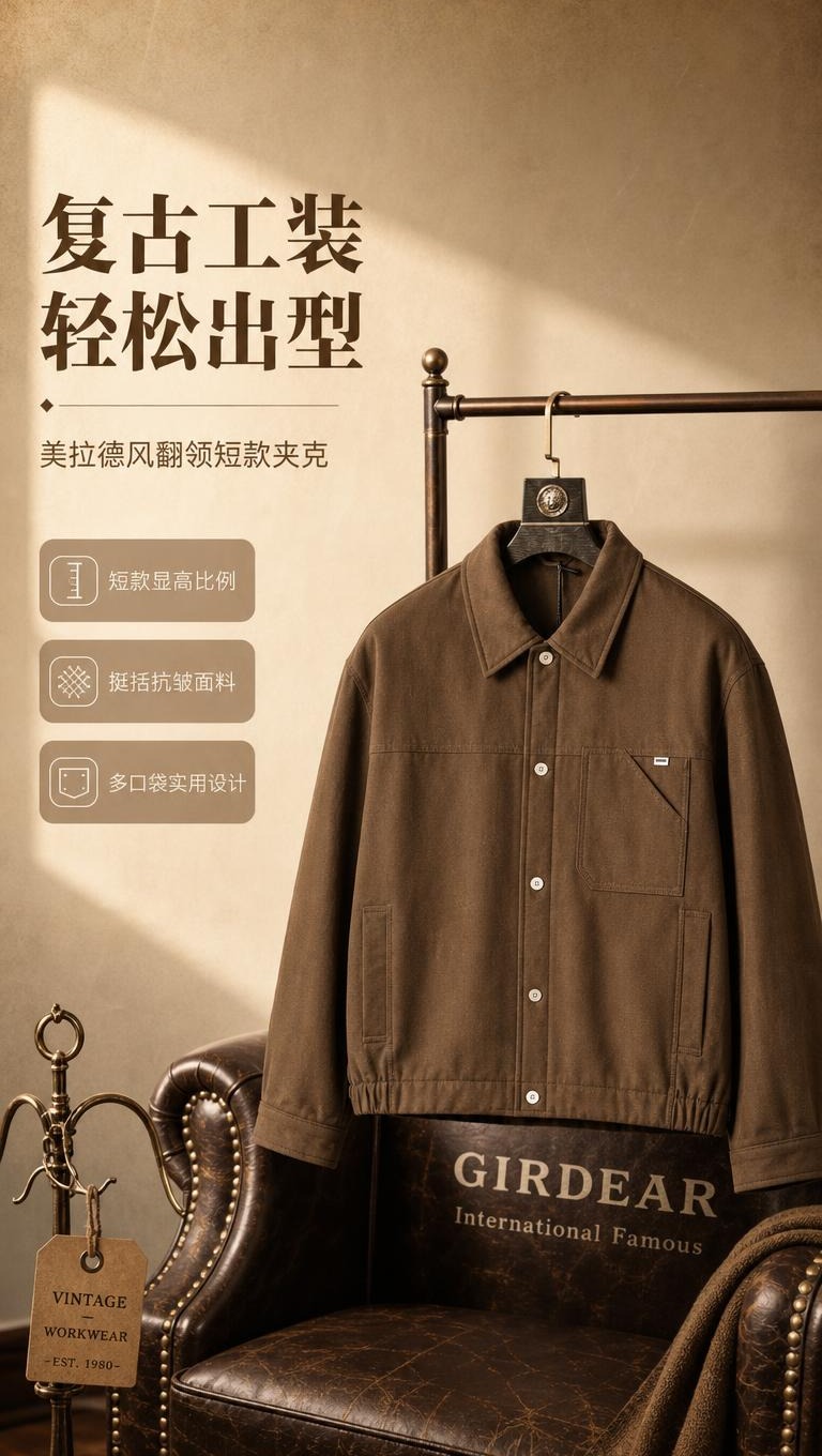 [商品] 使用【图1】棕色翻领短款夹克；商品处理：保留翻领、单… - 图片创意预览