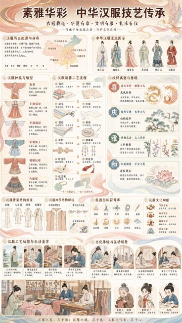汉服技艺文化主题竖版信息展板，素雅华彩中华汉服技艺传承，国风风韵主题下版型剪裁与刺绣盘金叙事排版，完整文化科普全要素展板；配色依据内容定为烟松灰暖棕、襦裙脂红、盘金鎏黄、青黛石青、素绫月白、竹青苔绿、预览效果