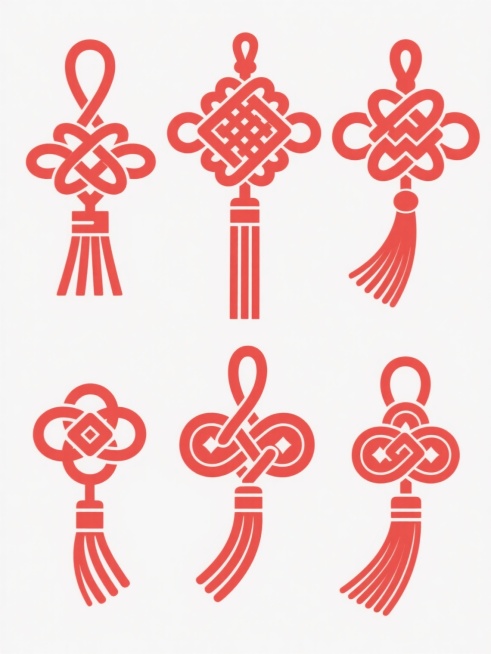 六个不同样式和编织方法的中国结，采用纯红色调，线条简洁流畅，具有扁平化设计风格，每个中国结细节清晰，绳结编织纹理精致，包含不同传统结型（如吉祥结、如意结、双钱结等），下方带有飘逸的流苏，整体排列整齐有序，均匀分布在纯白色背景上，构图平衡对称，视觉层次分明，无任何文字、LOGO及二维码元素，呈现出简洁明快的传统中国风装饰效果。预览效果