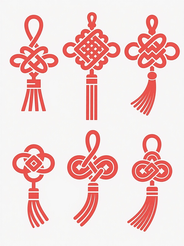 六个不同样式和编织方法的中国结，采用纯红色调，线条简洁流畅，具有扁平化设计风格，每个中国结细节清晰，绳结编织纹理精致，包含不同传统结型（如吉祥结、如意结、双钱结等），下方带有飘逸的流苏，整体排列整齐有序，均匀分布在纯白色背景上，构图平衡对称，视觉层次分明，无任何文字、LOGO及二维码元素，呈现出简洁明快的传统中国风装饰效果。