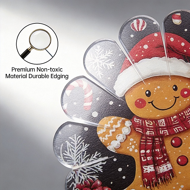 [主图-3] close-up detail display of gingerbread man placemat material. [氛围风格] focus on details, clean and professional. [画质] macro clear texture, high resolution, clear detail performance. [elements] a partial close-up of the placemat, magnifying the surface texture and special scalloped edge cutting, showing the material thickness and fine workmanship. keep the product material, color and cutting process consistent with the input product picture, highlight the non-toxic and durable material characteristics. the background is light gray gradient, the product subject is prominent. [光影] side back light, highlighting the material thickness and transparent texture, clear texture level. [color scheme] main color low saturation light gray; auxiliary color product primary color. [perspective composition] close-up perspective, the details are in the visual center. [text layout] left text description, magnifying glass marks highlight key details: Premium Non-toxic Material Durable Edging, the text is clear, strong contrast. [proportion resolution] 1:1 proportion, 2K resolution, clear text, ultra high definition. [negative prompt] deformation, text disorder, blurred product image, messy background, watermark, e-commerce platform Logo, Chinese characters.