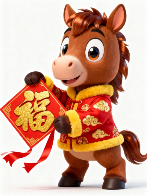 主体是Q版棕褐色骏马穿着喜庆的春节中式小棉袄，拿着福字，纯白色背景，《茶杯头》卡通动画画风的3D预览效果