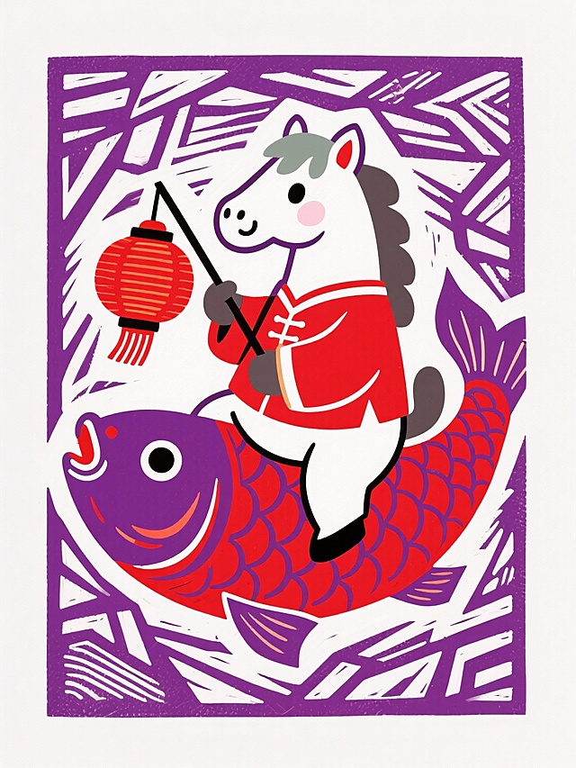 卡通风格。一匹白色的中国马，调皮可爱，穿着红色过年服饰，坐在大锦鲤身上，手拿红灯笼，紫色背景