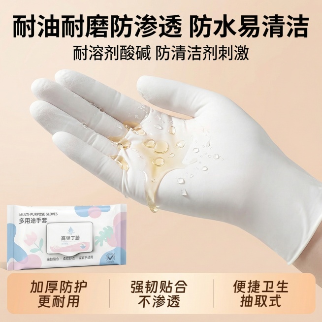 基于提供的丁腈手套产品图生成1:1主图，核心卖点展示防油防水性能，浅暖调背景，展示手套兜住油水珠不渗漏的效果，顶部大字“耐油耐磨防渗透 防水易清洁”，标注“耐溶剂酸碱 防清洁剂刺激”，保持原清新风格，预览效果