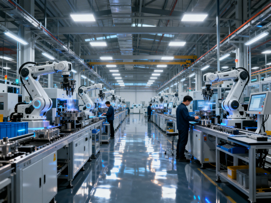 现代化制造业智能工厂车间内部全景，自动化生产流水线运转，智能化设备整齐排列，有工人在操作工位上工作，明亮的工业照明，科技感十足，干净整洁的生产环境，写实摄影风格预览效果