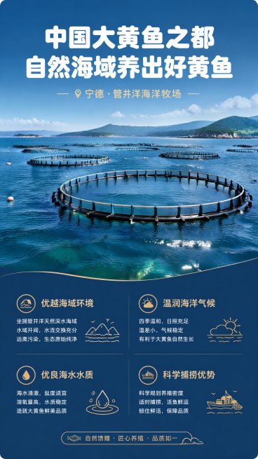 [第3屏] 产地优势展示屏，介绍宁德海域自然养殖环境。本屏延续产品品牌调性。
[氛围/风格] 自然原生态风格，清新海洋氛围，写实风景摄影质感。
[元素布局] 顶部大标题，上半部分展示宁德管井洋海洋牧场预览效果