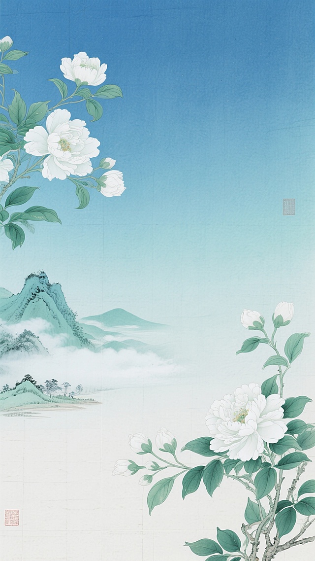 新中式风格背景，画面整体配色改为靛蓝色与青绿色渐变，淡雅的工笔手绘花卉，细腻的线条勾勒，柔和的水墨晕染效果，宣纸纹理质感，留白空间充足，左上角和右下角点缀盛开的白色花朵与绿色枝叶，融入远山轮廓与云雾缭绕的自然风光元素，整体呈现宁静悠远、清新雅致的东方意境，色彩和谐统一，具有传统韵味与现代审美结合的设计感。
