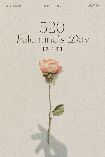 参考图片风格，保留520 告白季 爱你/不止今天 2024.05.20 MAY.20和玫瑰影子手持玫瑰的画面，删除文字< 爱·与你一起皆是浪漫 >及其下方的所有英文，保留整体质感和肌理，4k高清预览效果