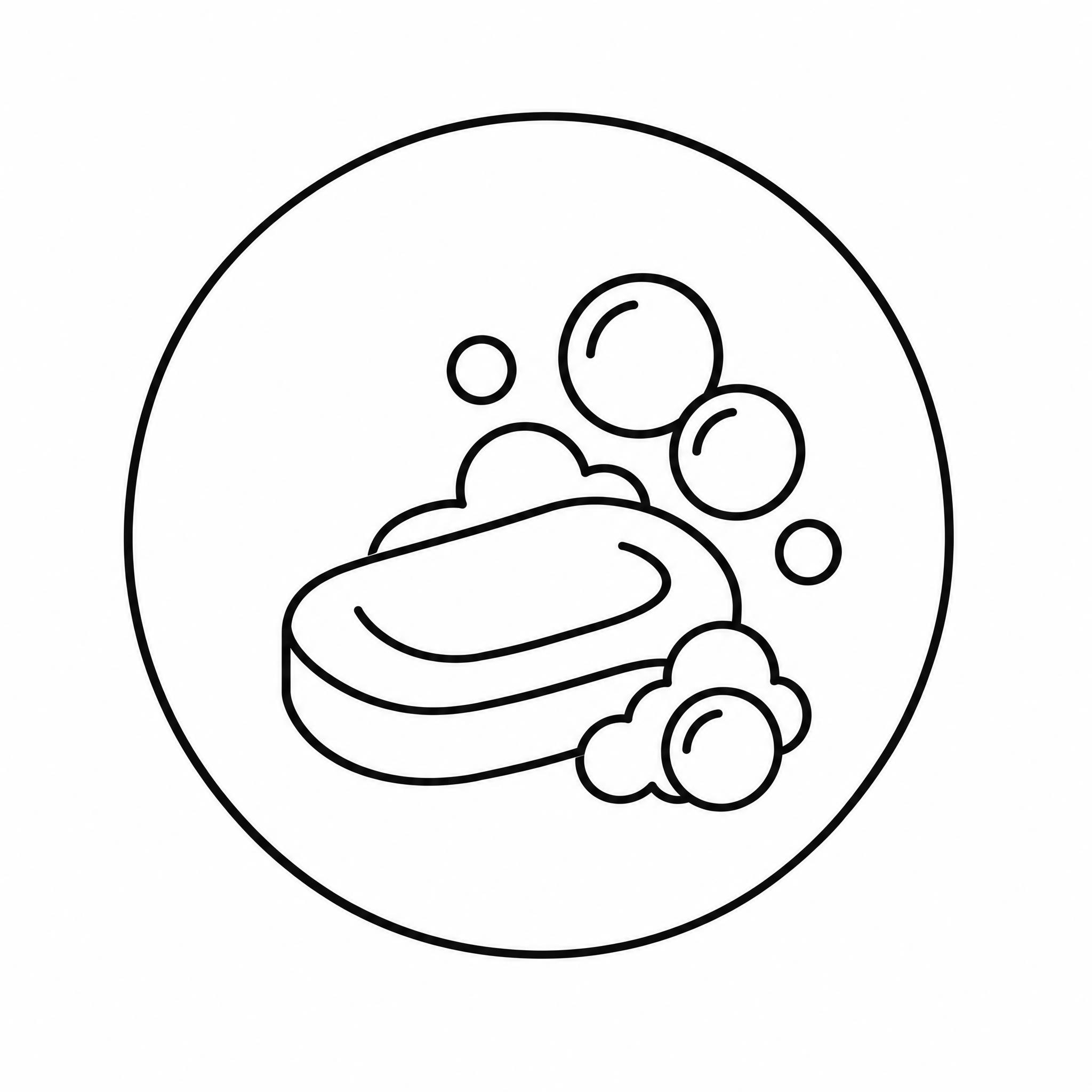 简约线型风格圆形图标，主题为日化用品。画面中心是一块香皂和泡泡… - 图片创意预览