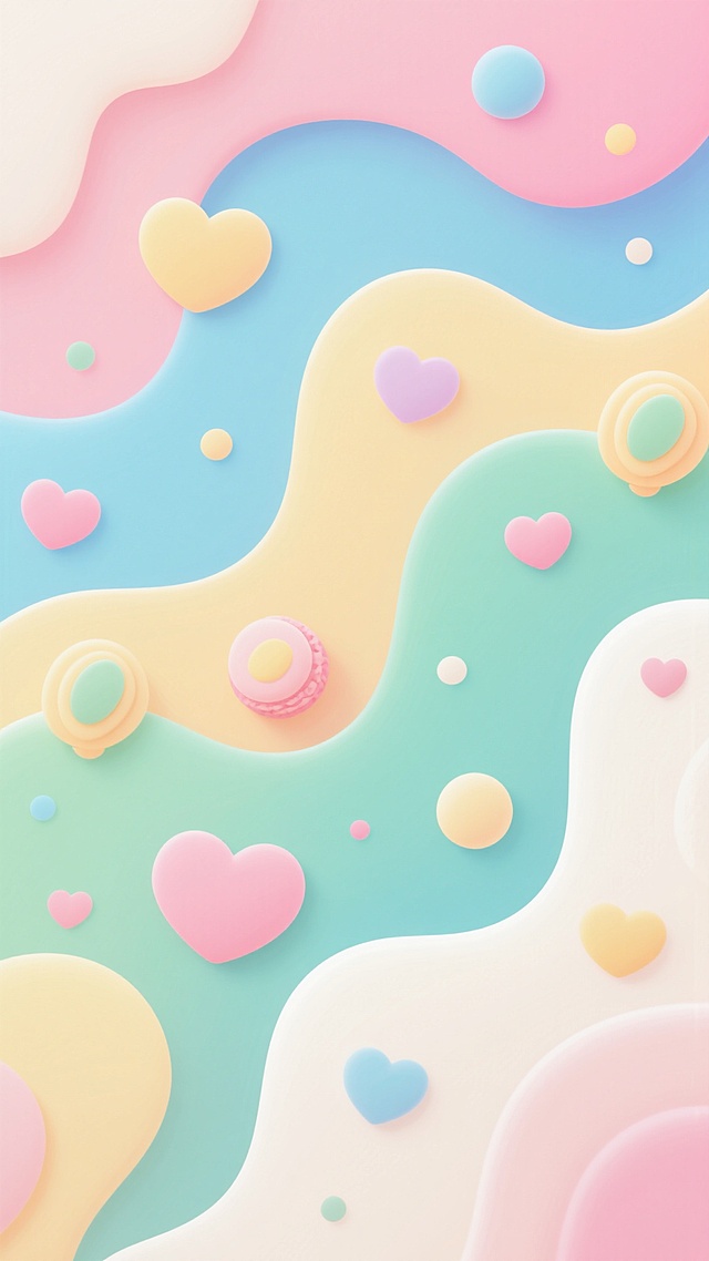卡通风格背景插画，柔和渐变的马卡龙色系，包括淡粉、浅蓝、鹅黄、薄荷绿和奶油白等，画面由不规则的有机波浪形状色块构成，色块边缘圆润平滑，分布着大小不一的彩色心形和椭圆形装饰元素，整体构图轻盈活泼，充满童趣，营造出温馨甜美的氛围，色彩搭配和谐统一，视觉效果清新明快。