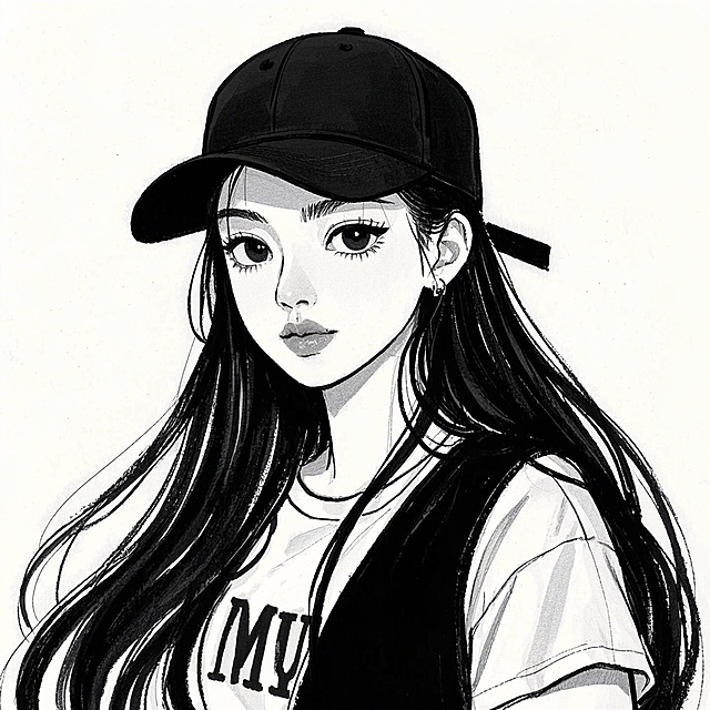 一个戴着帽子的女生，长卷发，T恤和黑色马甲，黑色鸭舌帽