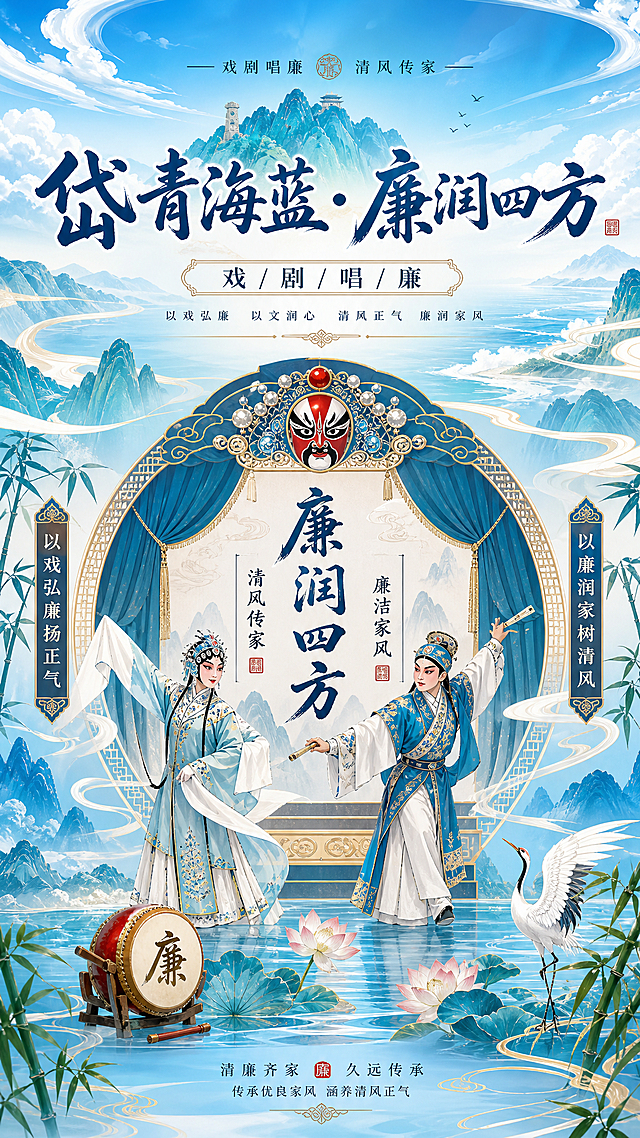 "岱青海蓝·廉润四方"戏剧唱廉主题海报，融入传统戏曲元素，宣传廉洁家风，风格大气清朗高清
