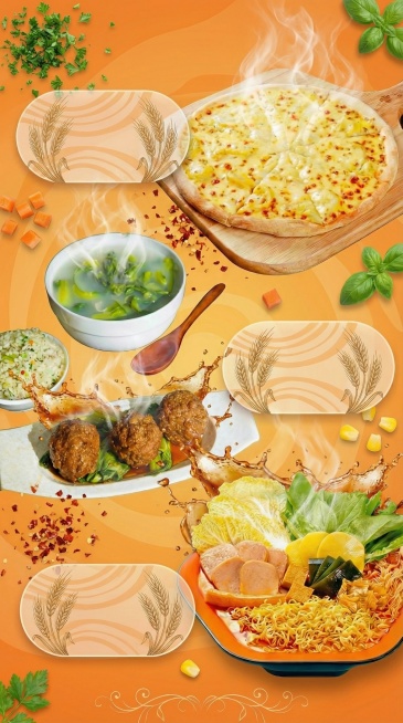将海报背景更换为暖橙色渐变背景，添加新鲜的蔬菜碎、香料碎等元素增加鲜活感，给菜品添加汤汁飞溅、热气升腾的动态效果，将文字空白贴纸更换为透明带浅橙色波浪纹的样式，整体风格鲜活有食欲预览效果