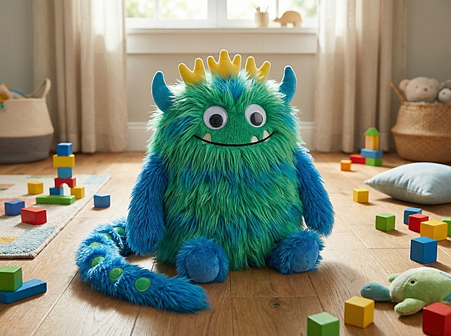 将图片中的怪兽做成立体的毛茸茸的儿童毛绒玩偶，柔软的，背景是儿童房的地板