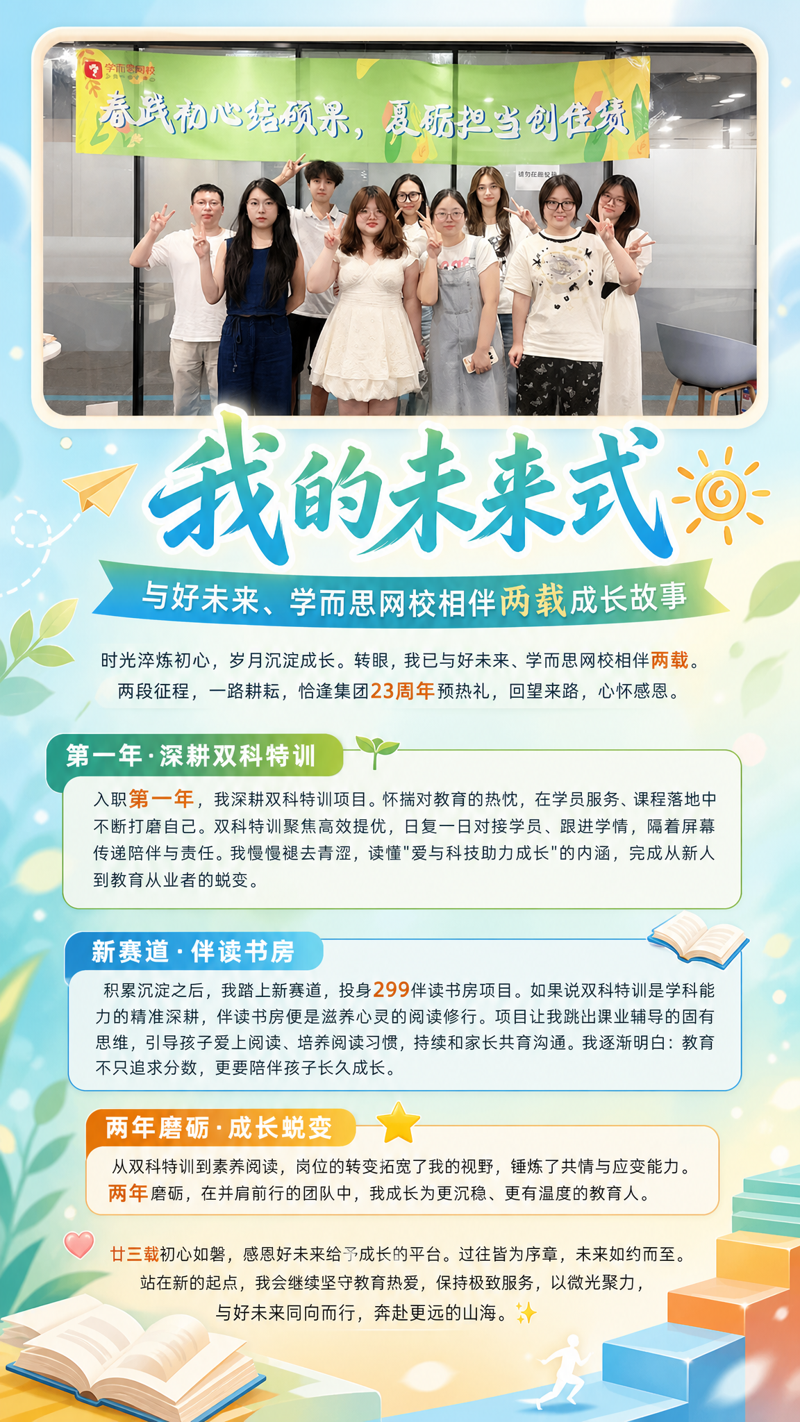 基于上传的团队合影照片，设计一张竖版9:16的成长故事宣传海报… - 图片创意预览