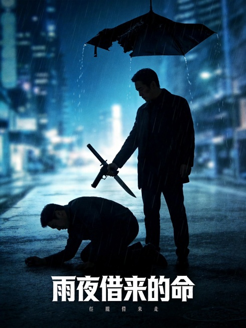 Dark movie poster, rainy night, deep blue tone, silhouette of two men, one standing holding a gun, t预览效果