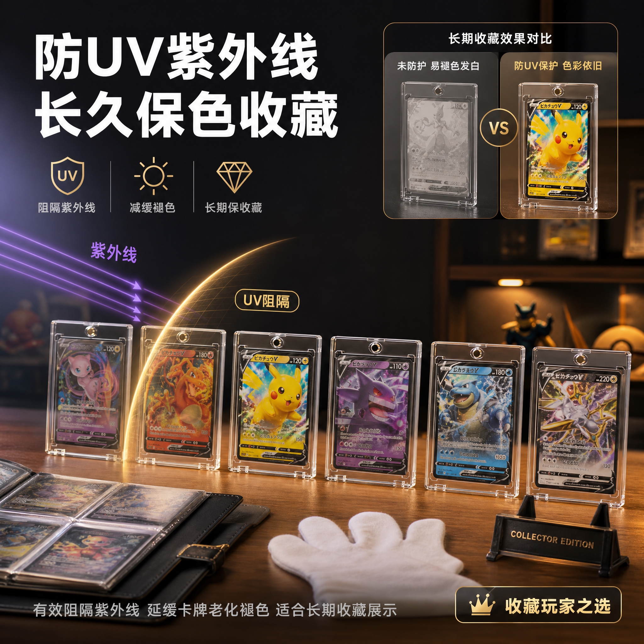 [主图-4] 使用场景与防UV功能展示。展示卡砖在真实收藏场景… - 图片创意预览
