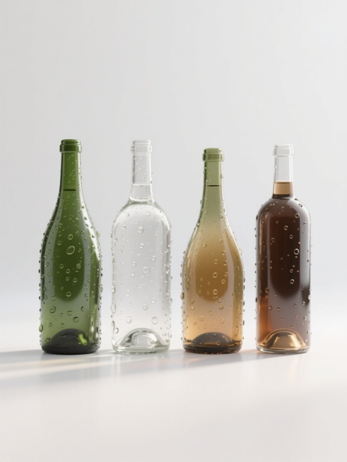 白色背景下，四个不同品种、不同样式、不同外观的玻璃酒瓶整齐排列，每个酒瓶表面都带有晶莹剔透的水珠，呈现出高度写实的3D质感，光线明亮柔和，从上方偏前位置照射，形成自然的高光和细微阴影，瓶身通透，色彩可能包含绿色、透明、棕色等不同玻璃色调，整体构图简洁对称，突出酒瓶的立体感和细节，无任何文字、LOGO、二维码及多余装饰元素。预览效果