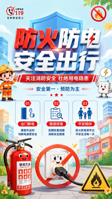 基于原图修改，更换为明亮浅色系背景，保留全部文案内容不变，将风格修改为卡通科普风格，增加灭火器、插座等防火防电相关卡通元素，整体画面明亮活泼，保持原版式和文字位置，比例9:16预览效果