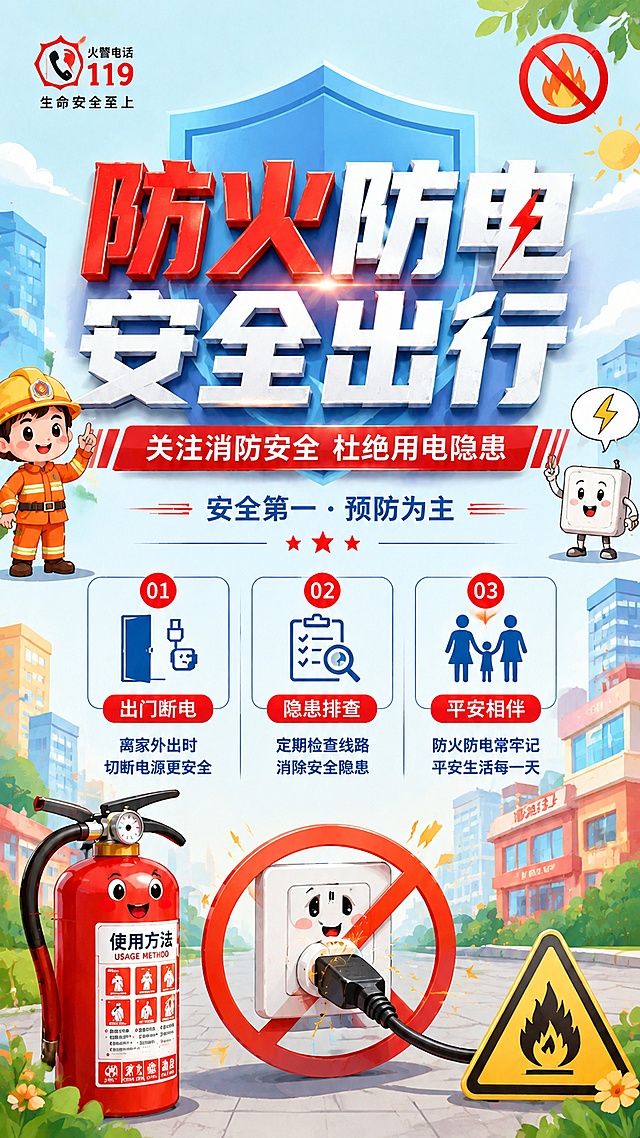 基于原图修改，更换为明亮浅色系背景，保留全部文案内容不变，将风格修改为卡通科普风格，增加灭火器、插座等防火防电相关卡通元素，整体画面明亮活泼，保持原版式和文字位置，比例9:16