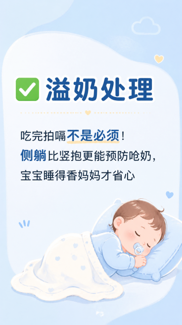 抖音育儿图文内页图，风格温暖清新柔和，背景为浅蓝色浅暖调，画面配大文字"✅ 溢奶处理"，下方配文字"吃完拍嗝不是必须！
侧躺比竖抱更能预防呛奶，宝宝睡得香妈妈才省心"，字体清晰舒适，右下角搭配一个侧躺预览效果