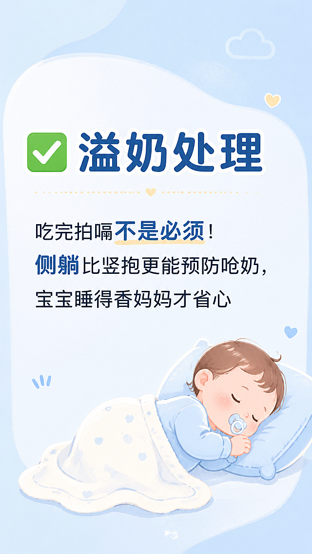 抖音育儿图文内页图，风格温暖清新柔和，背景为浅蓝色浅暖调，画面配大文字"✅ 溢奶处理"，下方配文字"吃完拍嗝不是必须！
侧躺比竖抱更能预防呛奶，宝宝睡得香妈妈才省心"，字体清晰舒适，右下角搭配一个侧躺宝宝的简约小插画，竖版构图，适合抖音展示，4K高清
