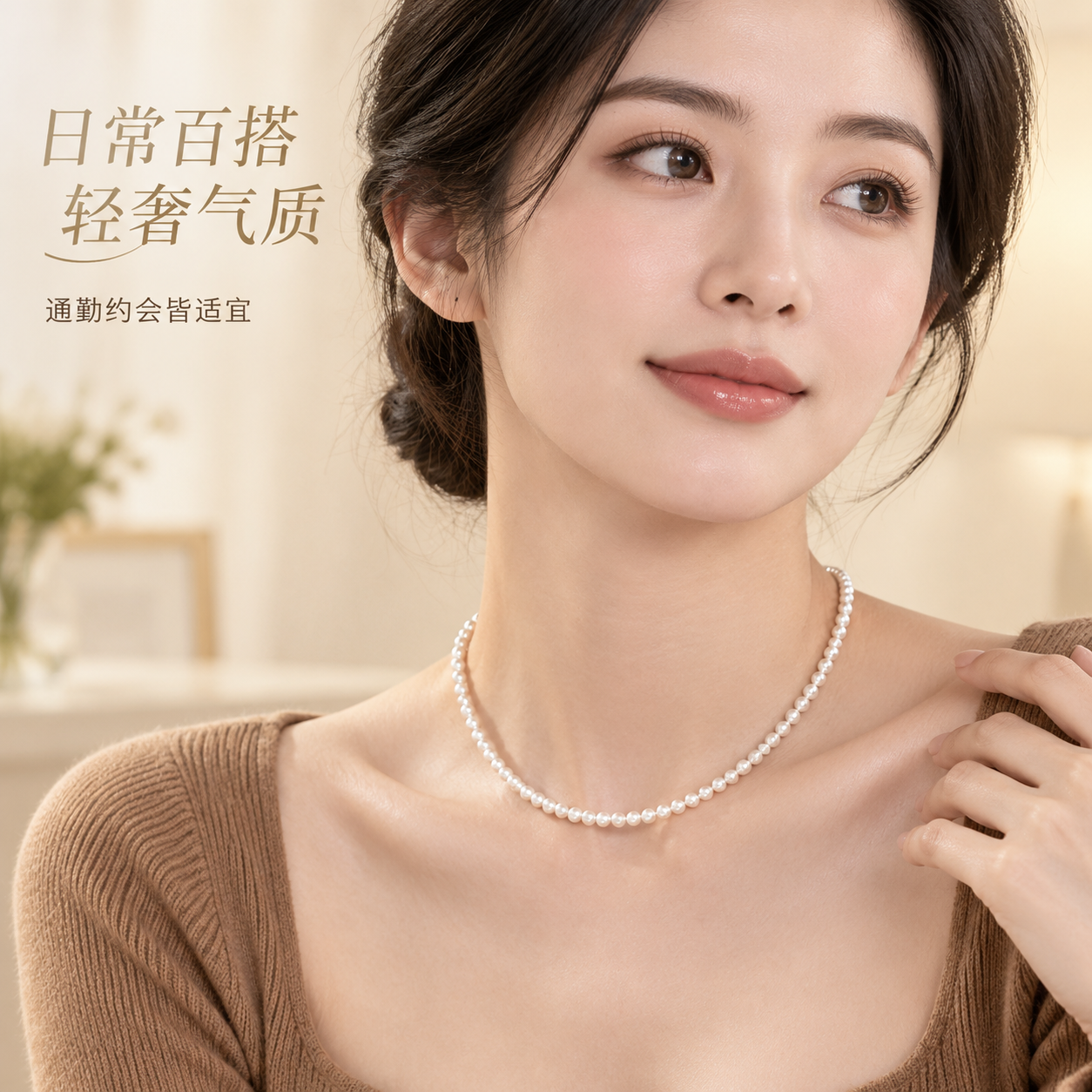 [主图-3] 模特佩戴效果 上半身穿搭展示 体现3-4mm淡水… - 图片创意预览